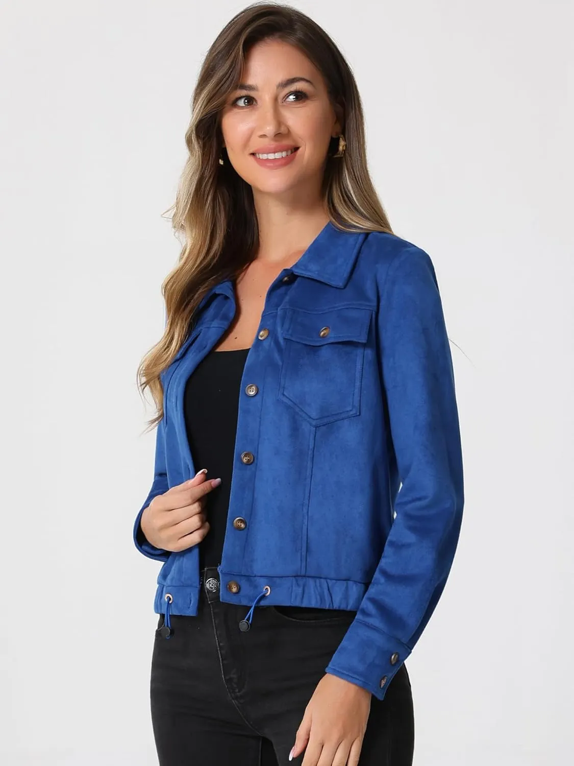 Allegra K Women's Faux Suede Jacket Point Collar Button Down Cropped Sanded Moto Biker Coat