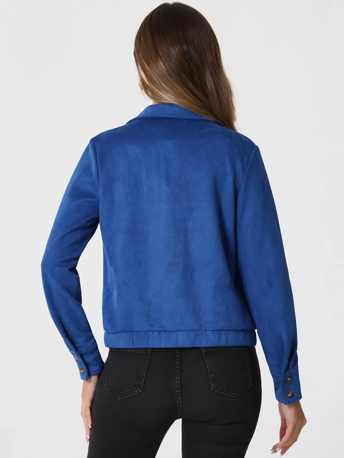 Allegra K Women's Faux Suede Jacket Point Collar Button Down Cropped Sanded Moto Biker Coat