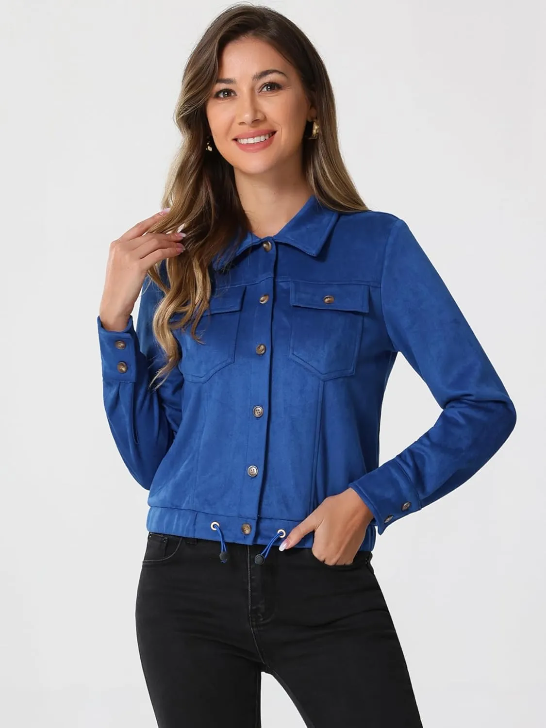 Allegra K Women's Faux Suede Jacket Point Collar Button Down Cropped Sanded Moto Biker Coat