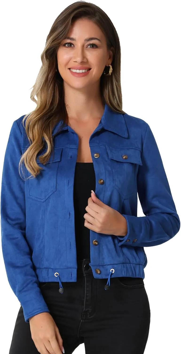 Allegra K Women's Faux Suede Jacket Point Collar Button Down Cropped Sanded Moto Biker Coat