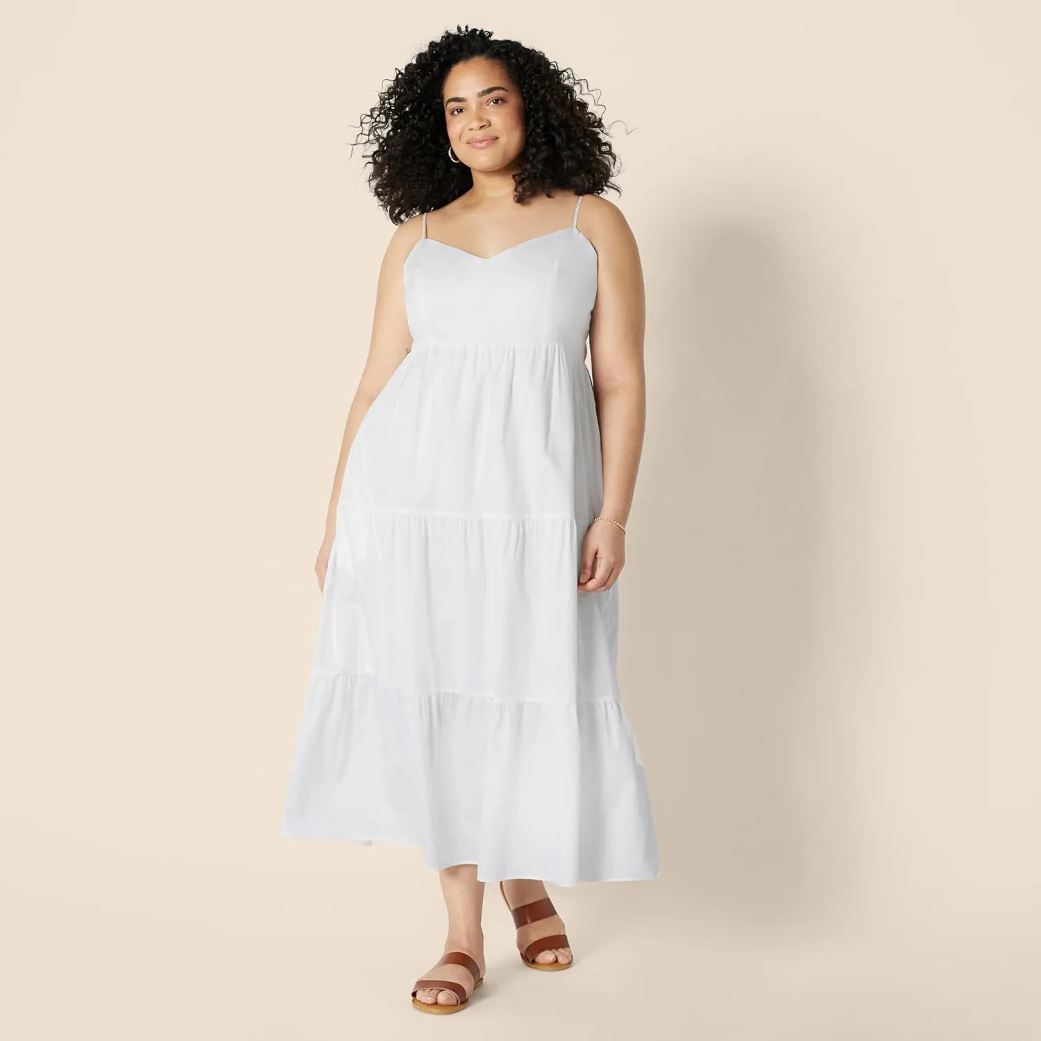 Amazon Essentials Women's Fit and Flare Empire Waisted Cotton Sateen Tiered Maxi Dress