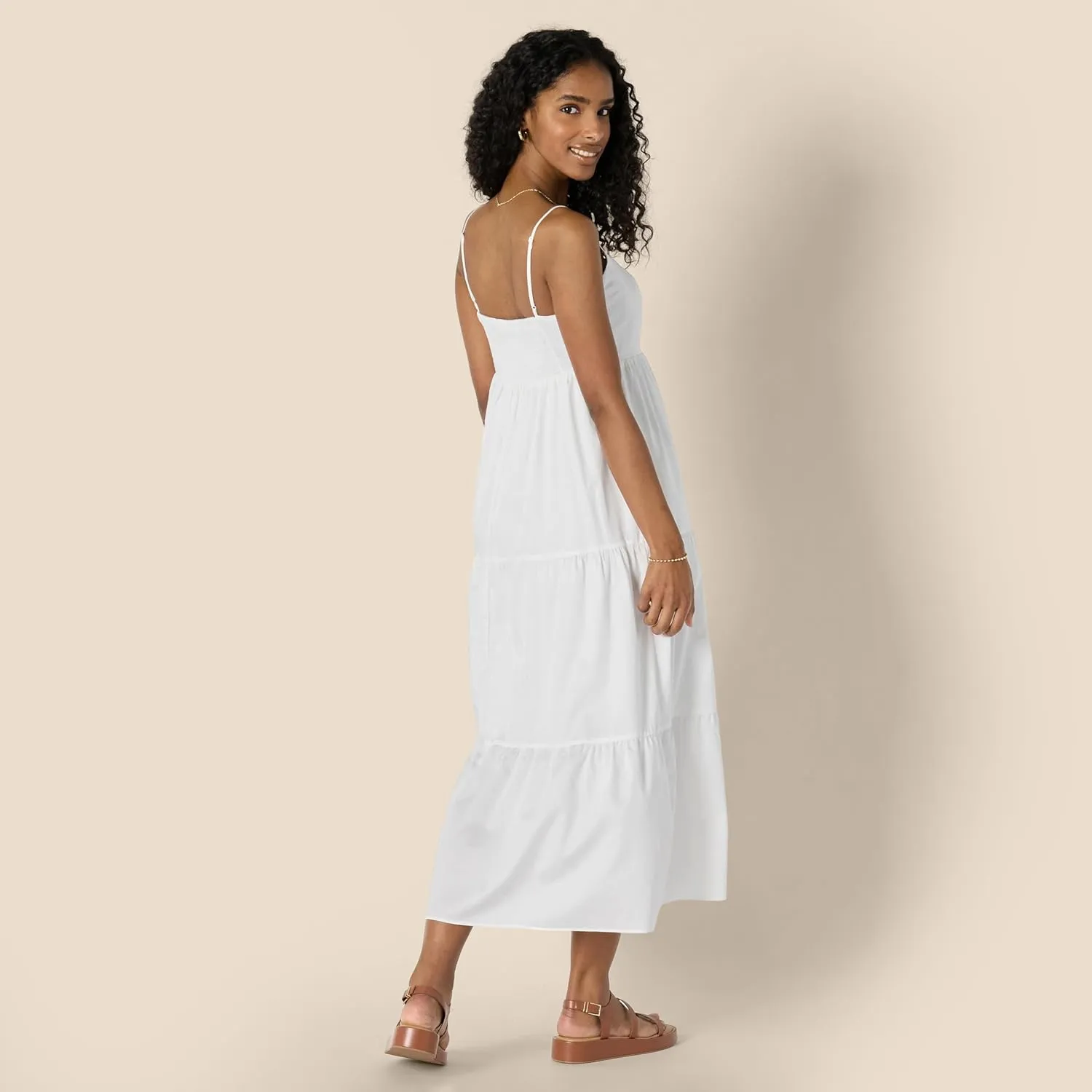 Amazon Essentials Women's Fit and Flare Empire Waisted Cotton Sateen Tiered Maxi Dress