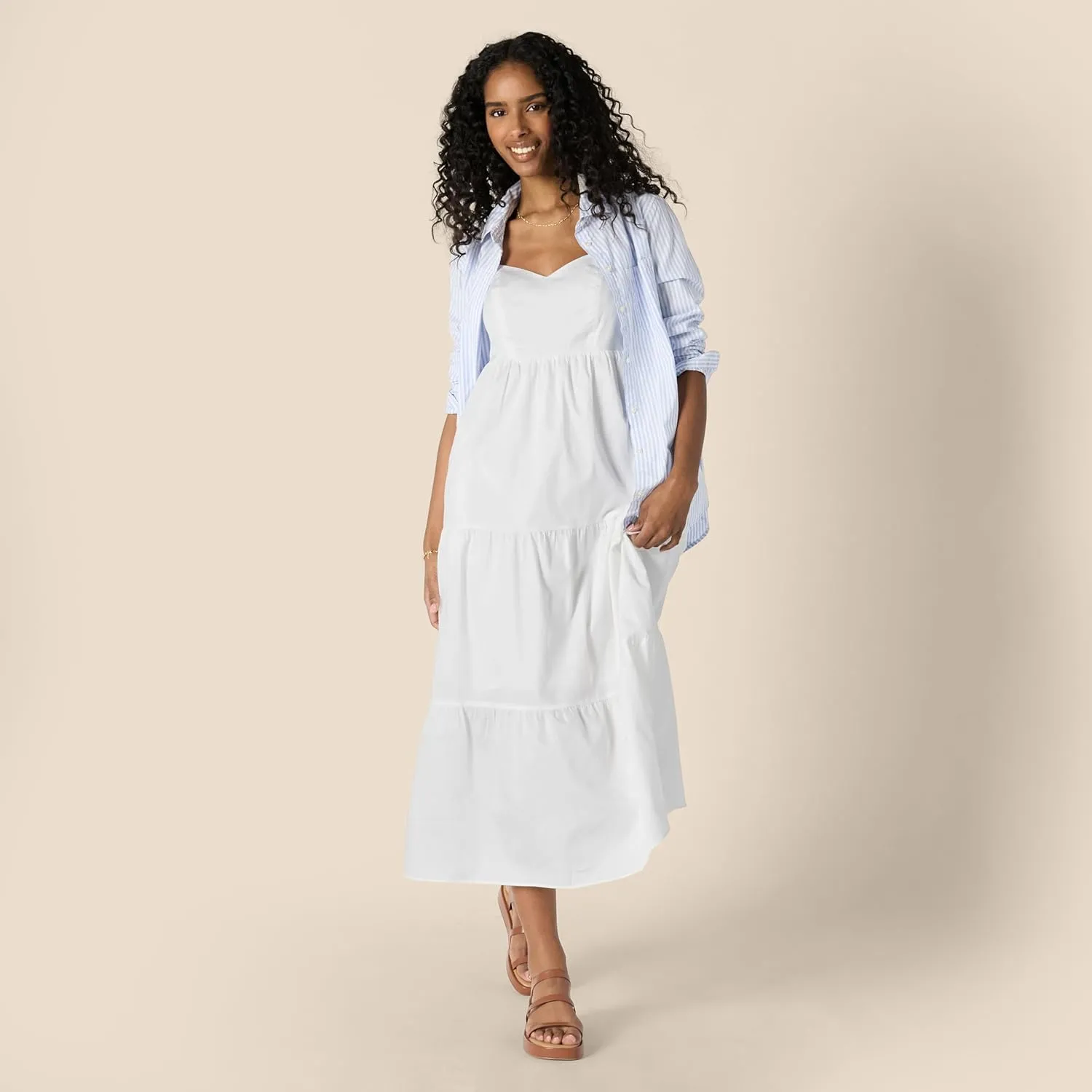 Amazon Essentials Women's Fit and Flare Empire Waisted Cotton Sateen Tiered Maxi Dress