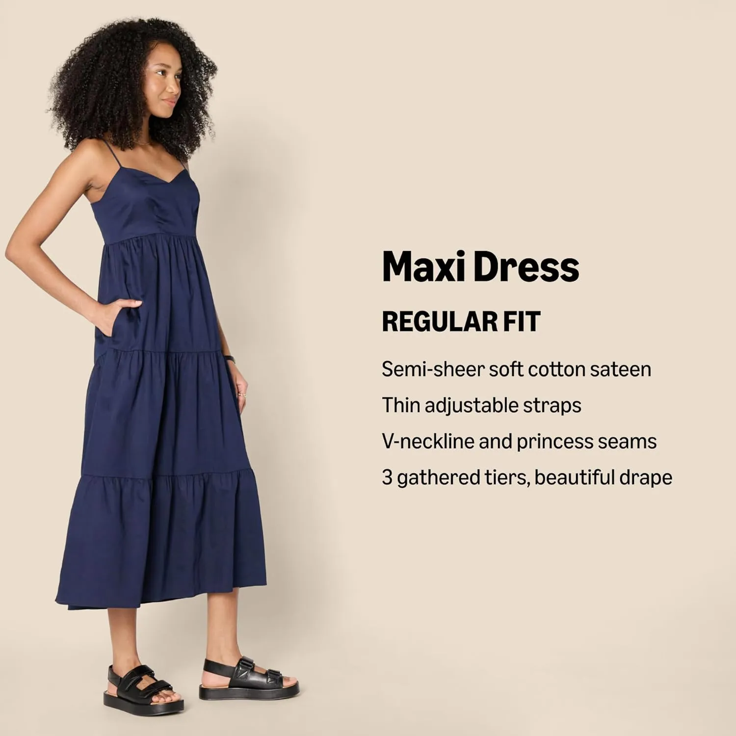 Amazon Essentials Women's Fit and Flare Empire Waisted Cotton Sateen Tiered Maxi Dress
