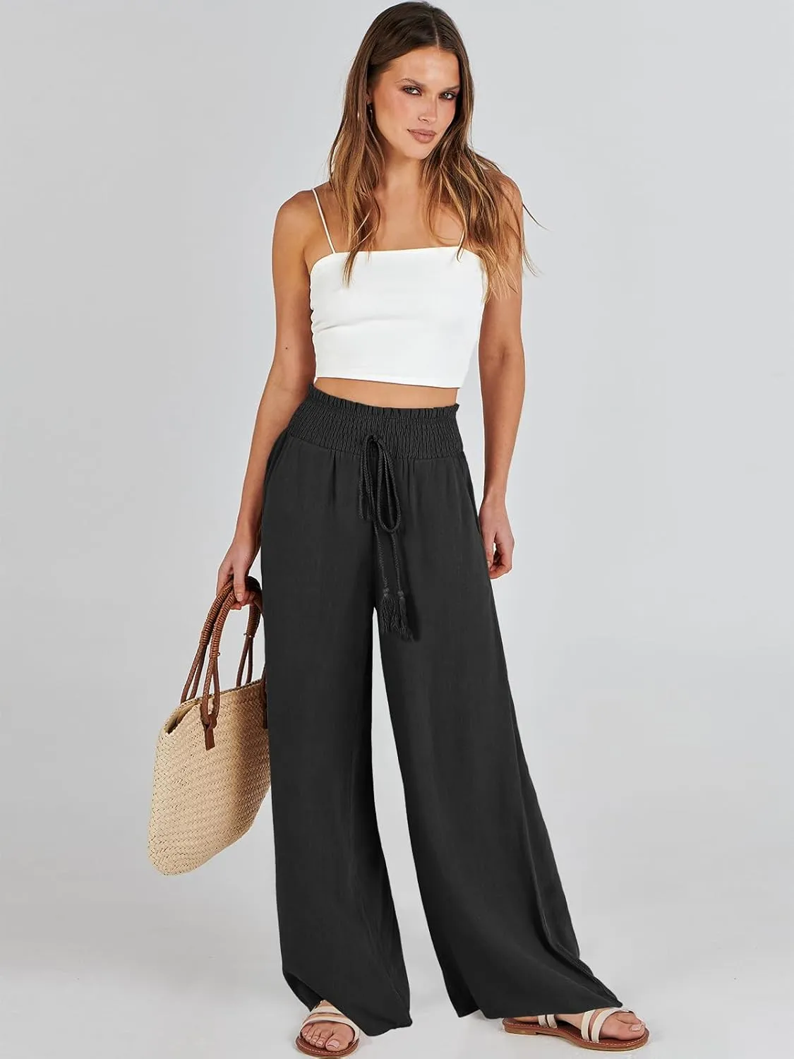 ANRABESS Women's Linen Pants Summer Casual Palazzo Beach Pant Drawstring High Waist Wide Leg Trousers Vacation Outfits