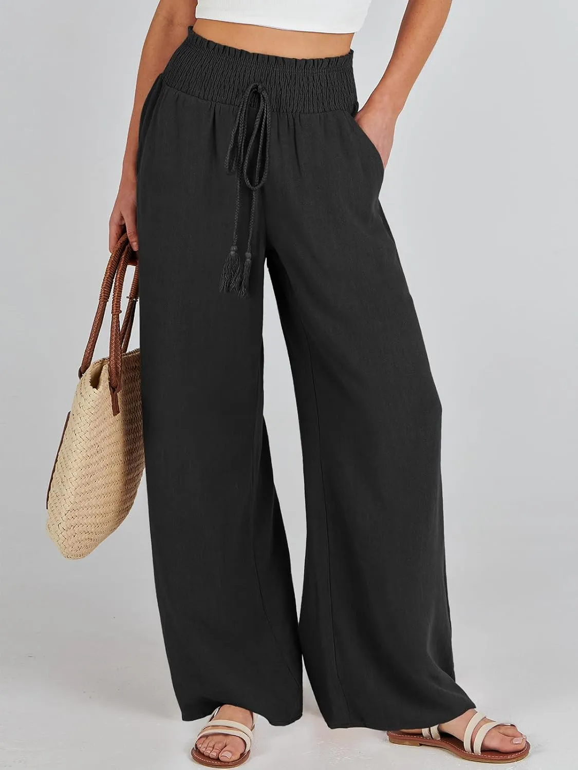 ANRABESS Women's Linen Pants Summer Casual Palazzo Beach Pant Drawstring High Waist Wide Leg Trousers Vacation Outfits