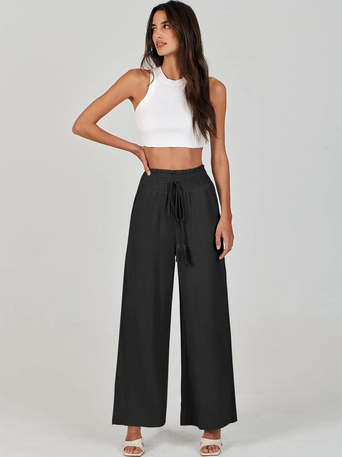 ANRABESS Women's Linen Pants Summer Casual Palazzo Beach Pant Drawstring High Waist Wide Leg Trousers Vacation Outfits