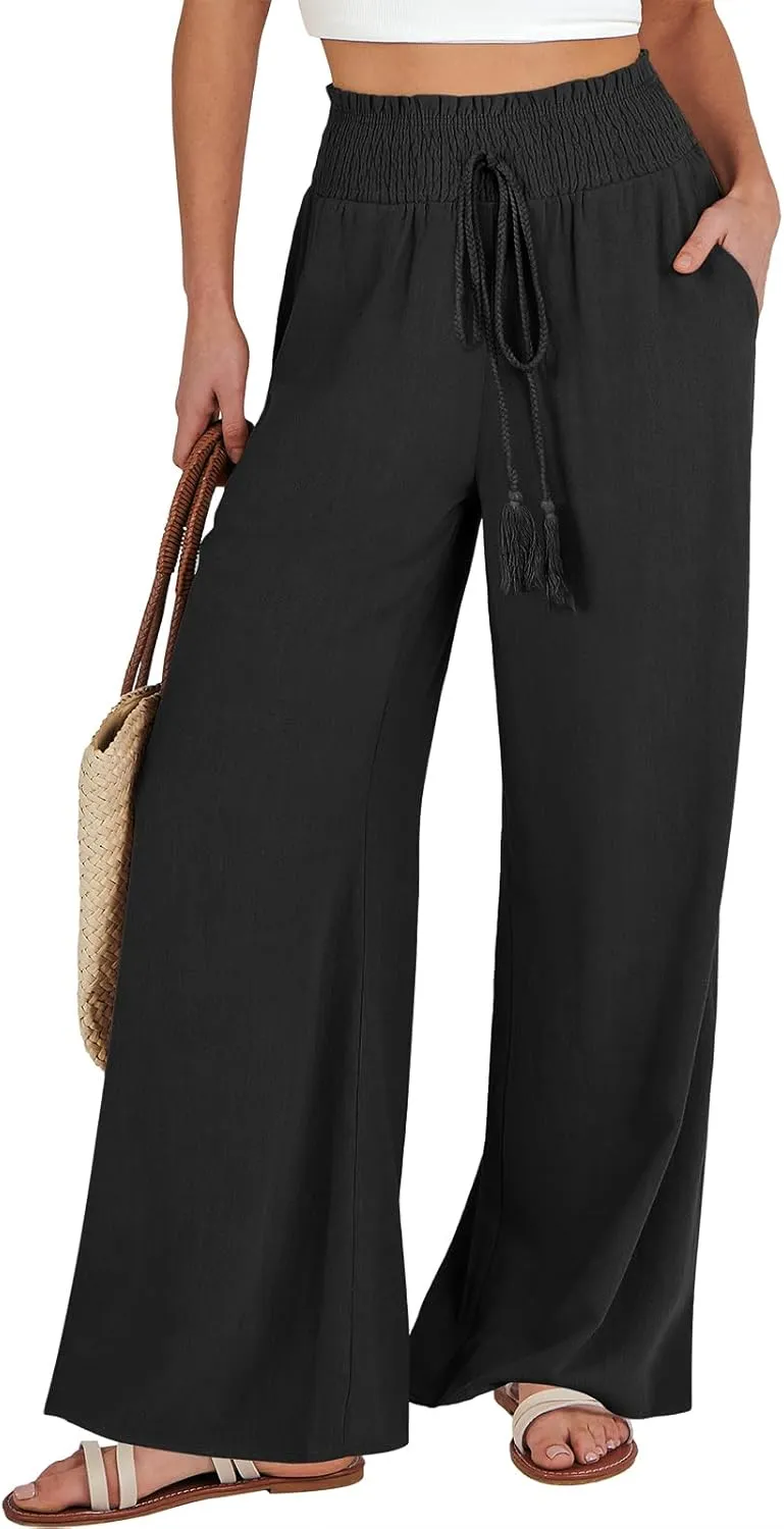 ANRABESS Women's Linen Pants Summer Casual Palazzo Beach Pant Drawstring High Waist Wide Leg Trousers Vacation Outfits
