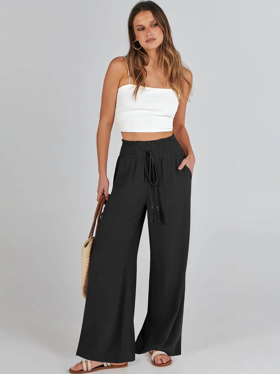 ANRABESS Women's Linen Pants Summer Casual Palazzo Beach Pant Drawstring High Waist Wide Leg Trousers Vacation Outfits