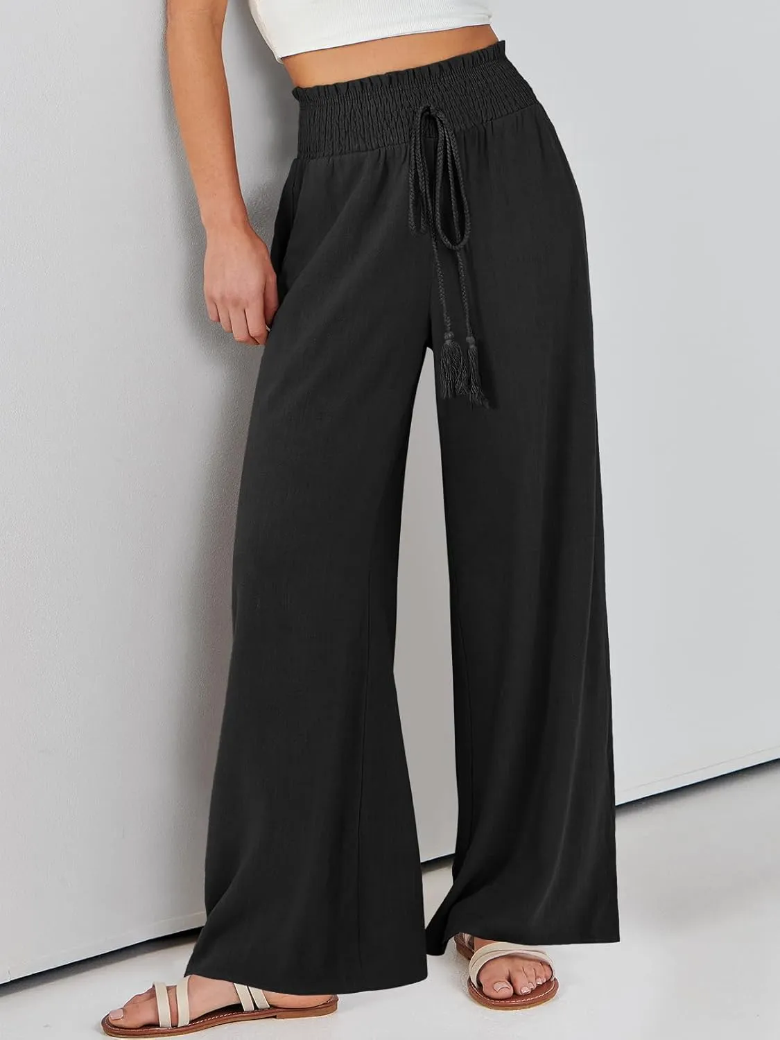 ANRABESS Women's Linen Pants Summer Casual Palazzo Beach Pant Drawstring High Waist Wide Leg Trousers Vacation Outfits