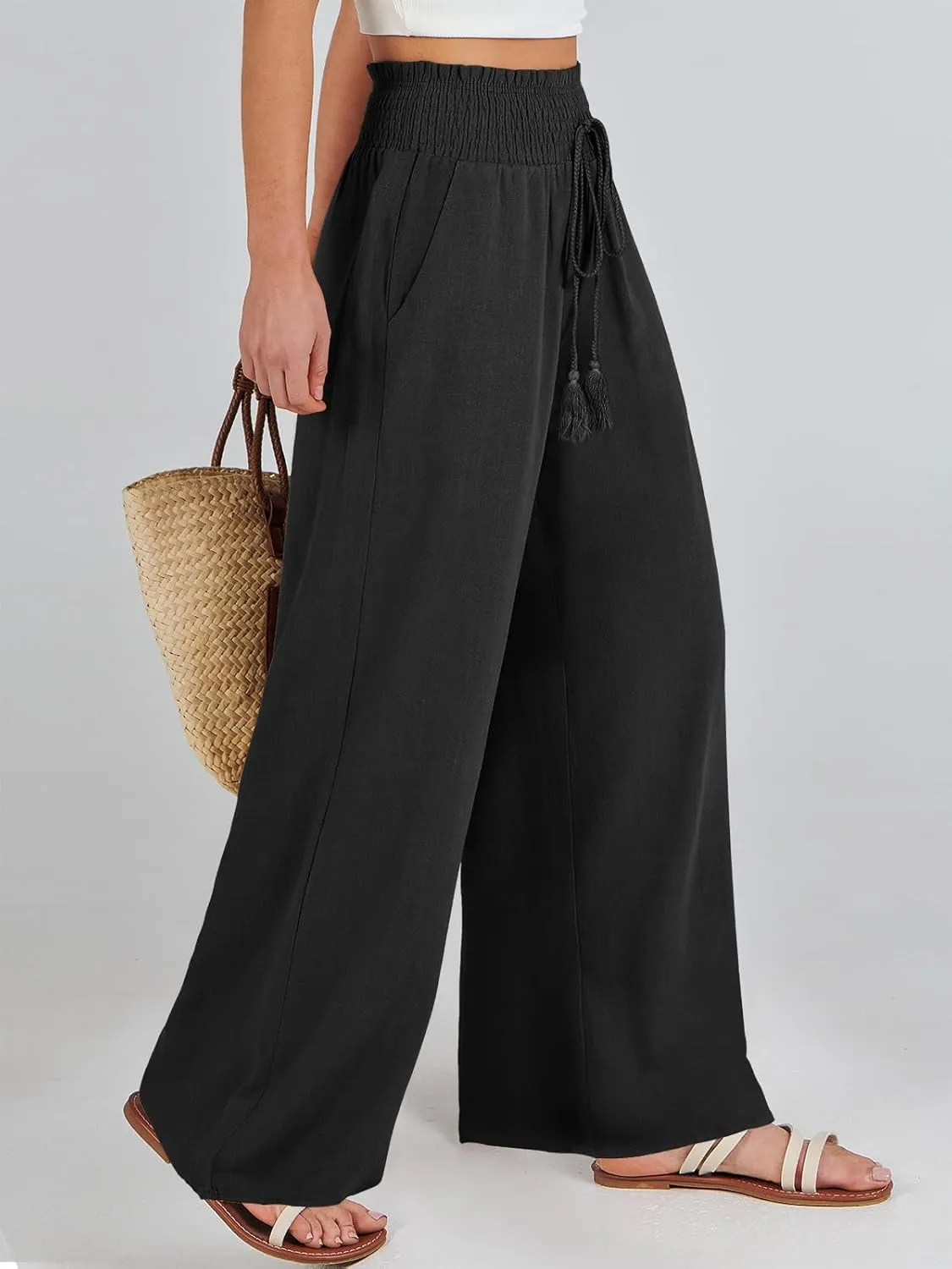 ANRABESS Women's Linen Pants Summer Casual Palazzo Beach Pant Drawstring High Waist Wide Leg Trousers Vacation Outfits