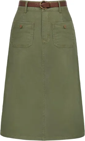 Belle Poque Denim Skirt with Belt Below Knee Length High Waisted Jean Skirts for Women