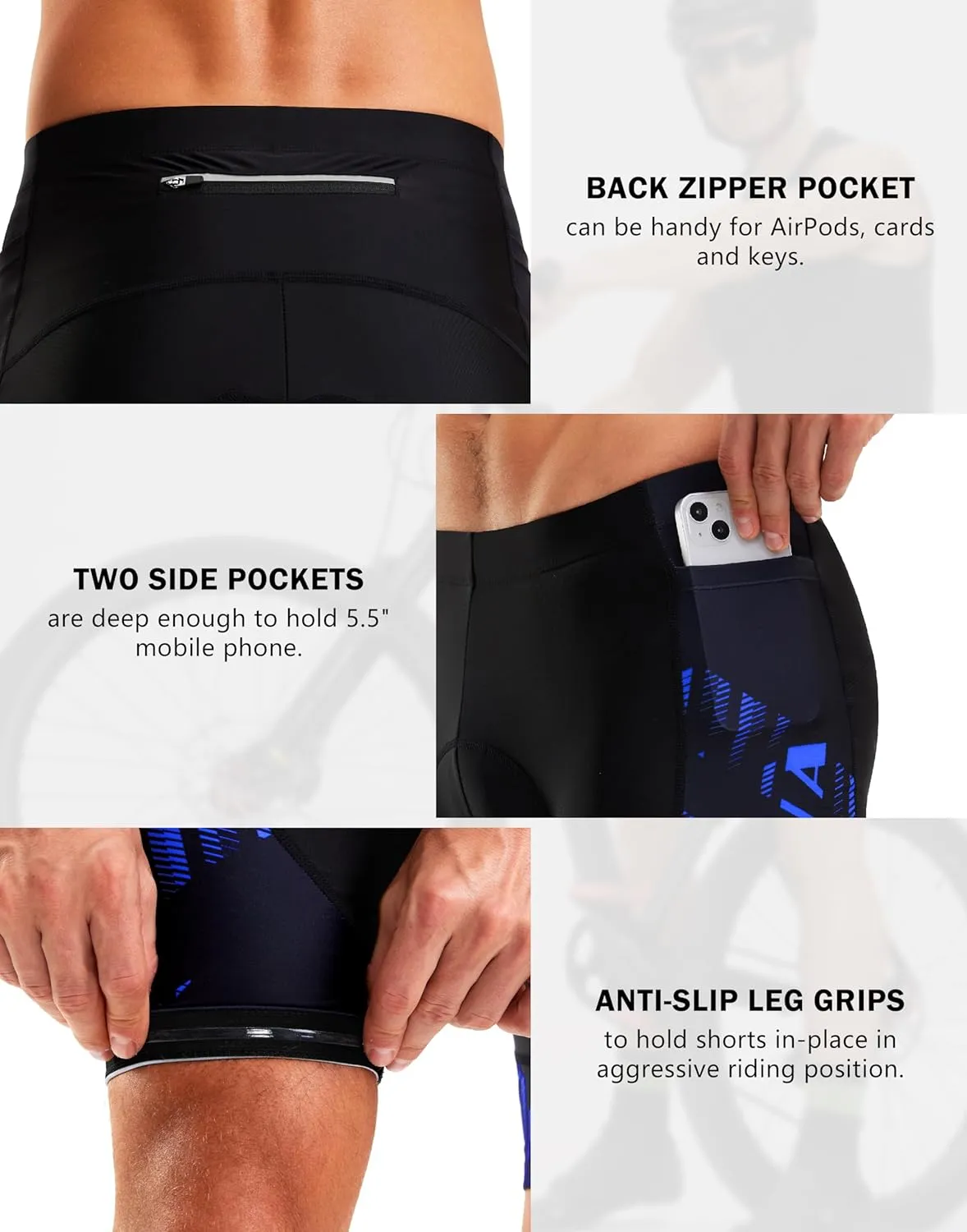 Bikewa Men's Bike Shorts 4D Padded Biking Road Cycling Bicycle Pants Biker Shorts for Men Zipper Pockets