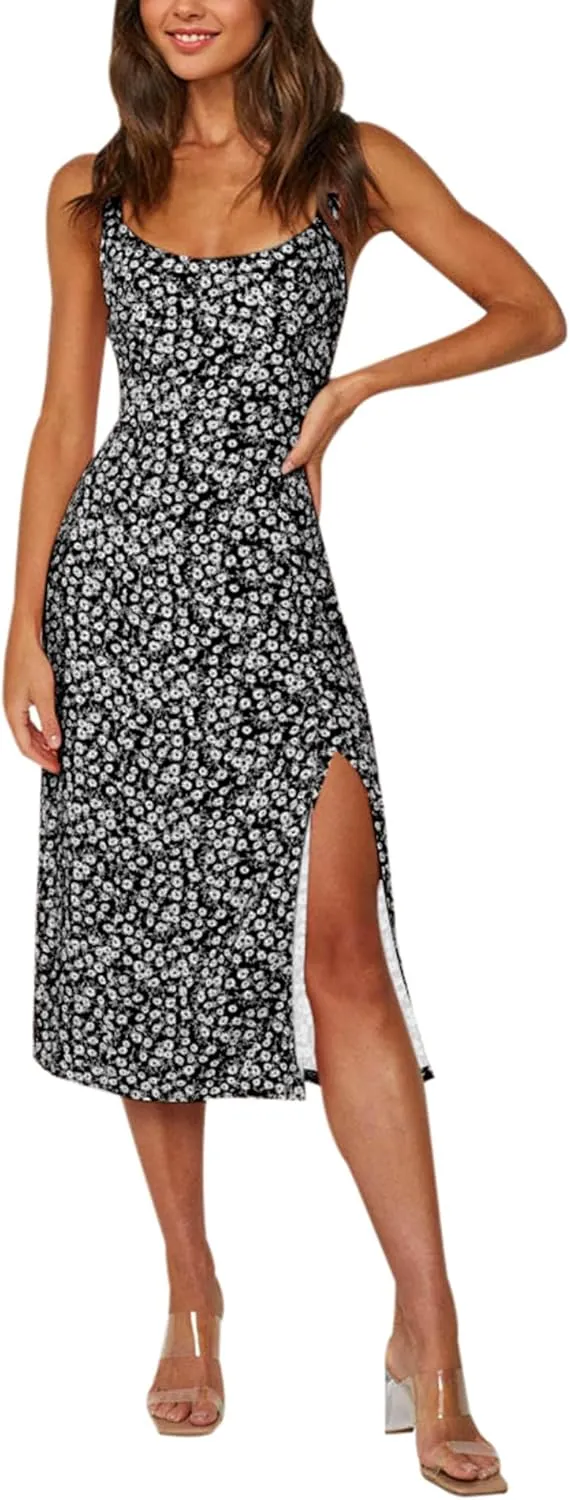 Bonkwa Women Floral Summer Dress Ruffle Strap Sleeveless Midi Sundress Square Neck Casual Slit Vacation Dresses for Women