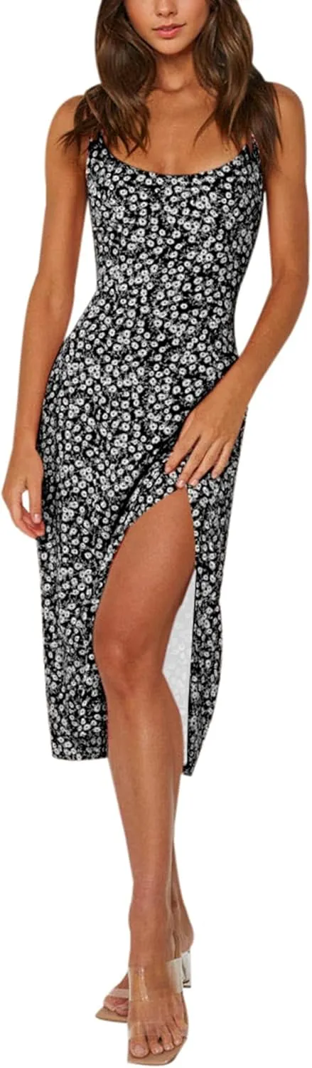 Bonkwa Women Floral Summer Dress Ruffle Strap Sleeveless Midi Sundress Square Neck Casual Slit Vacation Dresses for Women