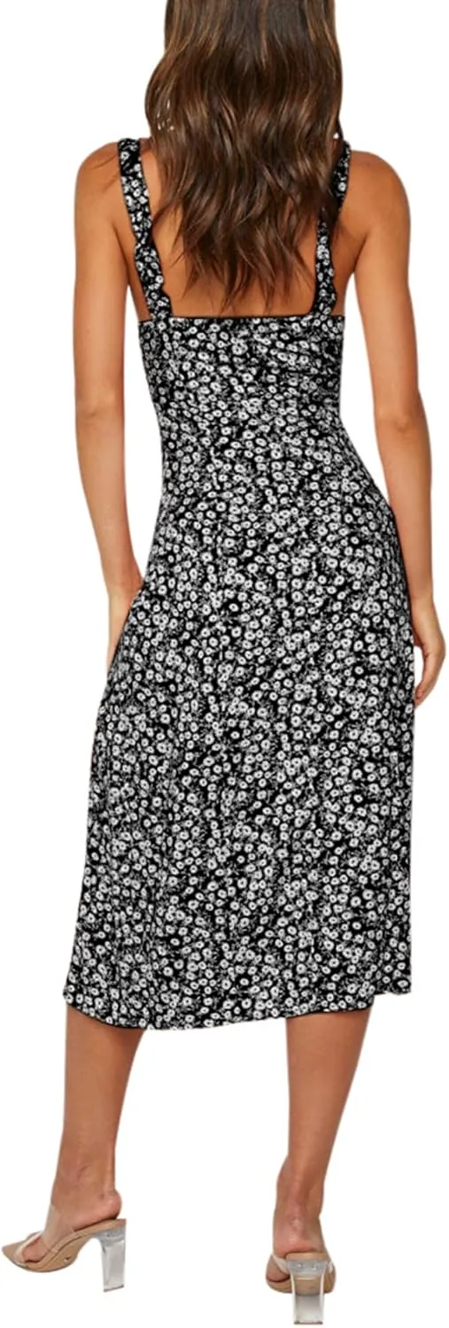 Bonkwa Women Floral Summer Dress Ruffle Strap Sleeveless Midi Sundress Square Neck Casual Slit Vacation Dresses for Women