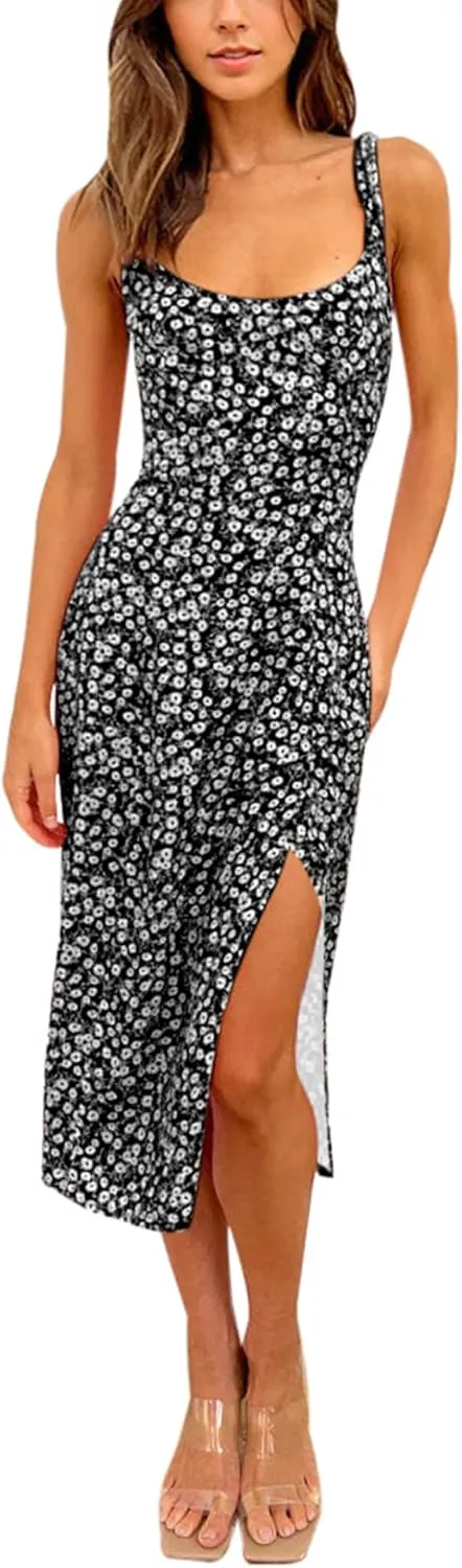 Bonkwa Women Floral Summer Dress Ruffle Strap Sleeveless Midi Sundress Square Neck Casual Slit Vacation Dresses for Women