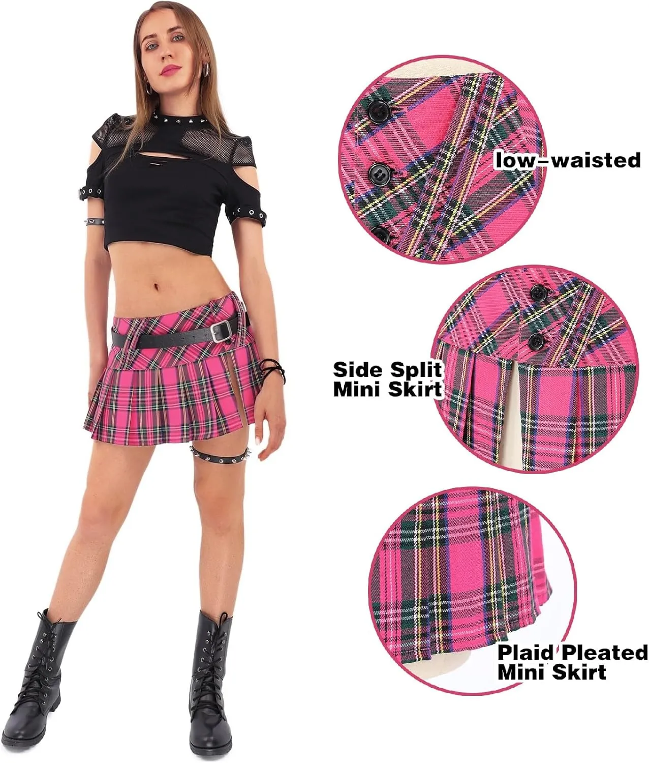 C-ZOFEK Mini Plaid Slit Skirt Women's US Size Pleated Skirt Schoolgirl Uniform, Multicolour