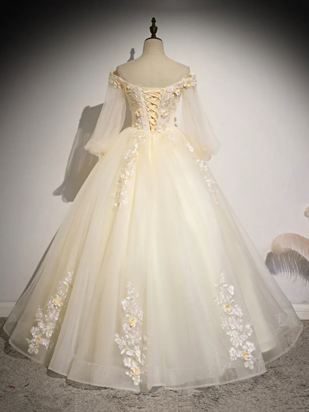 Champagne Tulle Lace Long Prom Dress A-Line Off the Shoulder Long Sleeve Evening Dress