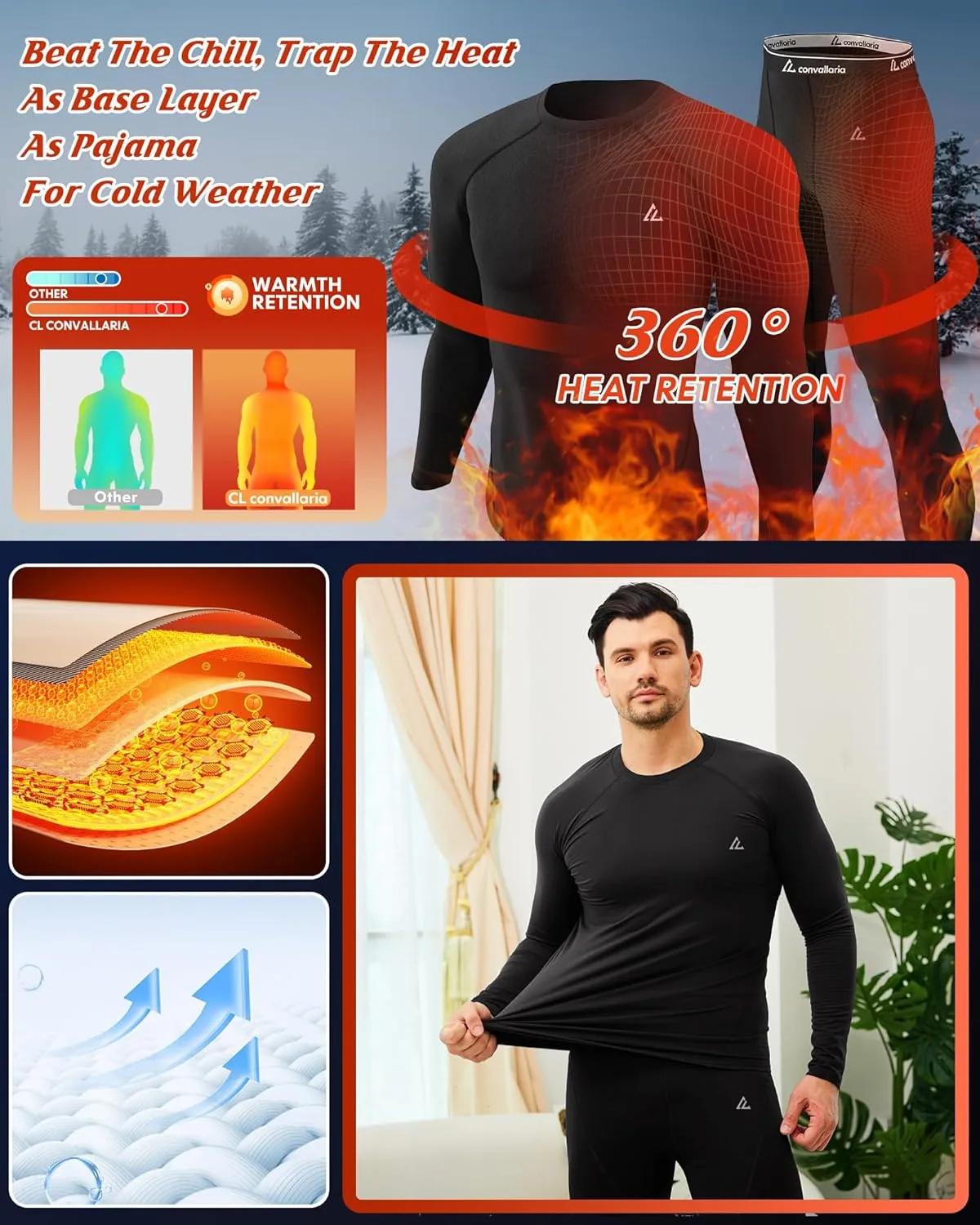 CL convallaria Thermal Underwear for Men Long Johns Fleece Lined Hunting Gear Set Base Layer for Cold Weather XS-4XL