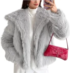 COZYPOIN Womens Faux Fur Jacket Fluffy Fur Cropped Coat Long Sleeve Open Front Fur Cape