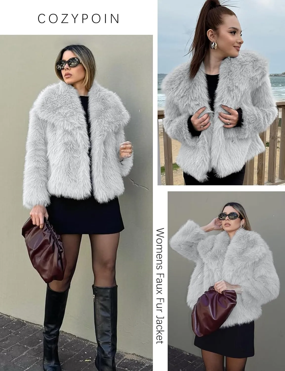 COZYPOIN Womens Faux Fur Jacket Fluffy Fur Cropped Coat Long Sleeve Open Front Fur Cape