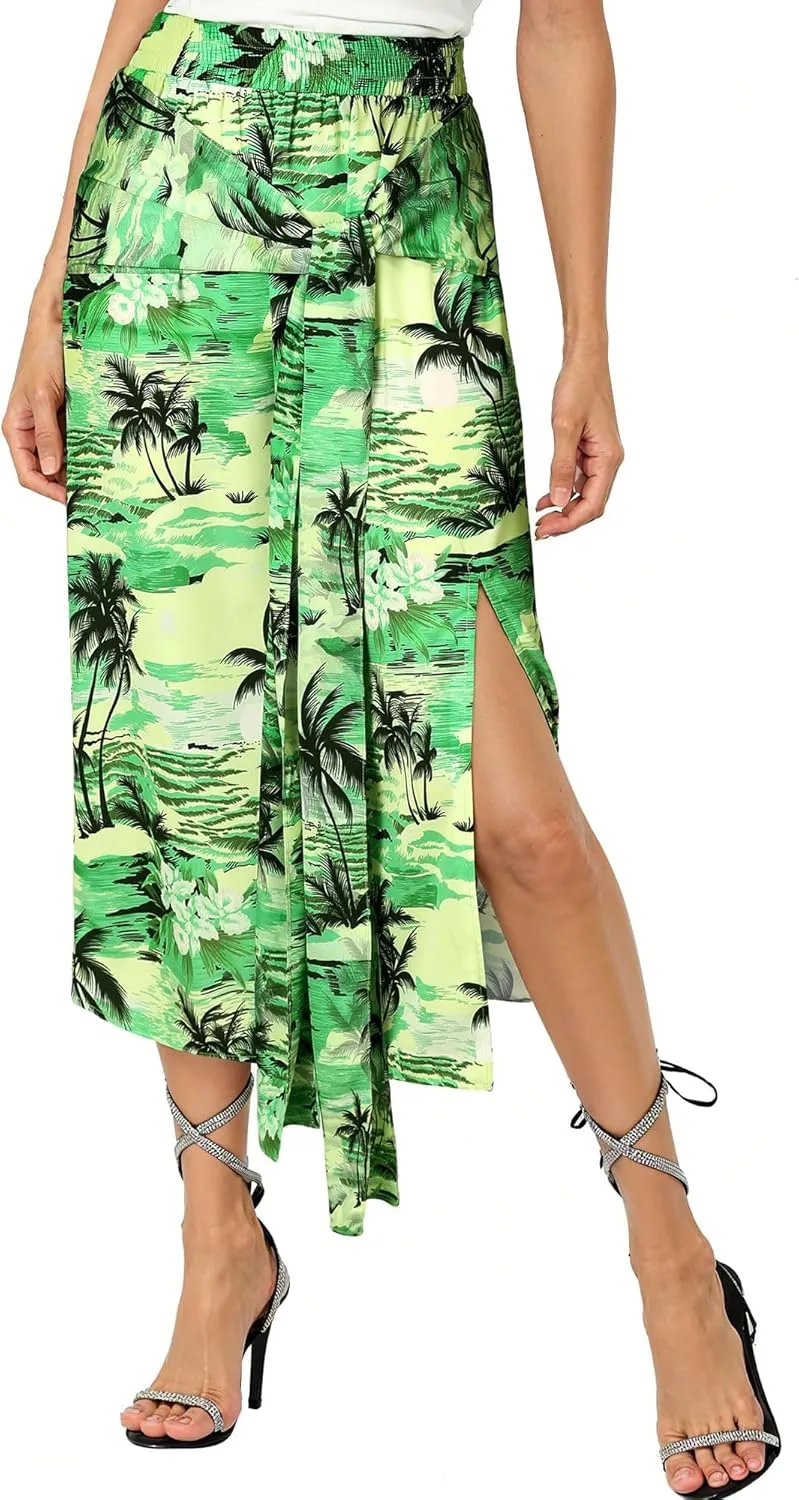 Ezcosplay Women Hawaiian Midi Skirt with Slit Tropical Floral Long Skirt Self Bow Tie Vacation Beach Split Skirts
