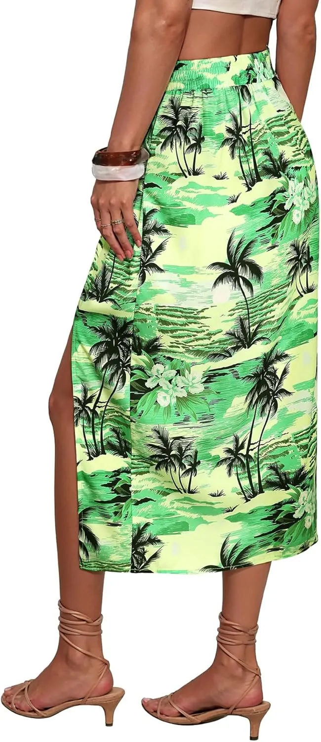 Ezcosplay Women Hawaiian Midi Skirt with Slit Tropical Floral Long Skirt Self Bow Tie Vacation Beach Split Skirts
