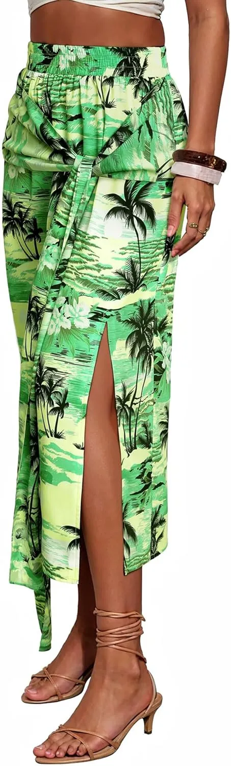 Ezcosplay Women Hawaiian Midi Skirt with Slit Tropical Floral Long Skirt Self Bow Tie Vacation Beach Split Skirts