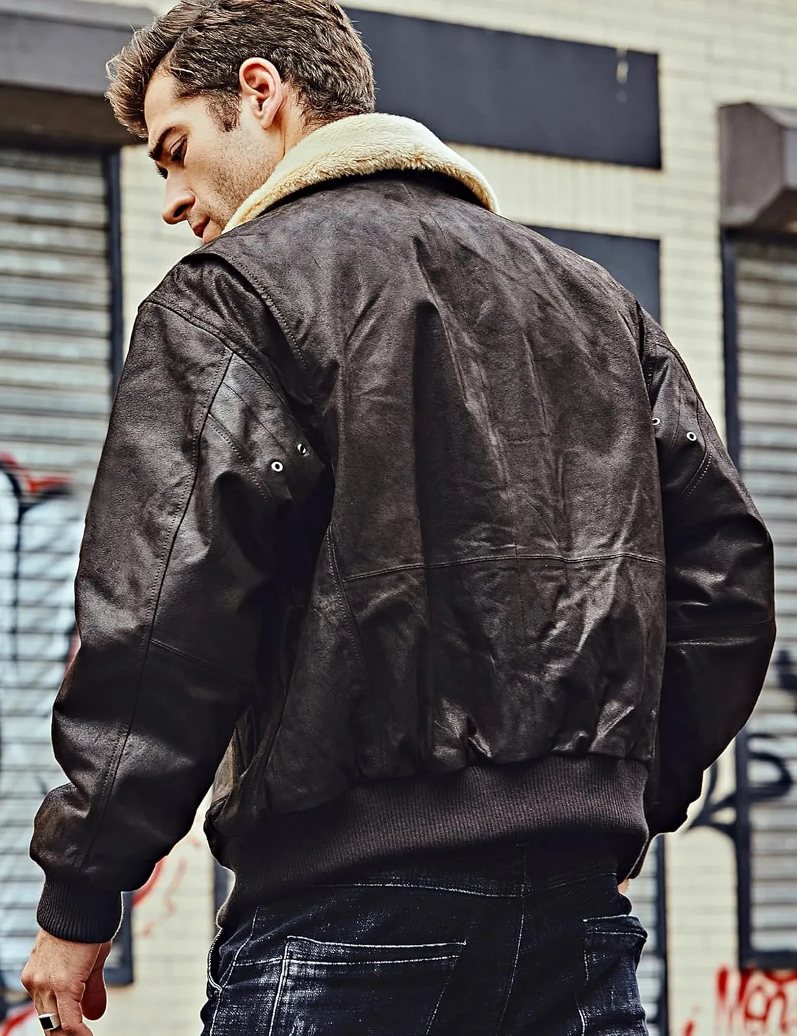 FLAVOR Men's Real Leather Bomber Jacket with Removable Fur Collar Aviator