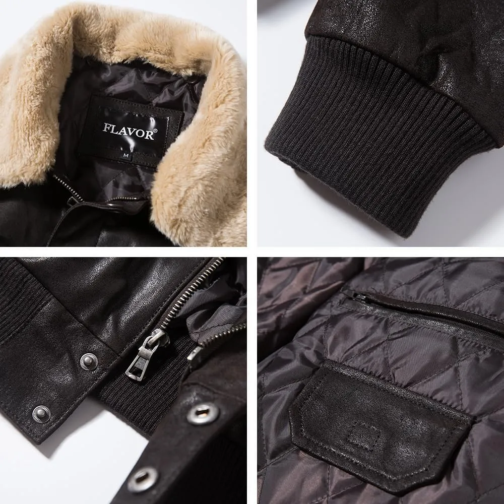 FLAVOR Men's Real Leather Bomber Jacket with Removable Fur Collar Aviator