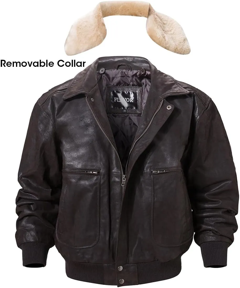 FLAVOR Men's Real Leather Bomber Jacket with Removable Fur Collar Aviator