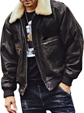 FLAVOR Men's Real Leather Bomber Jacket with Removable Fur Collar Aviator