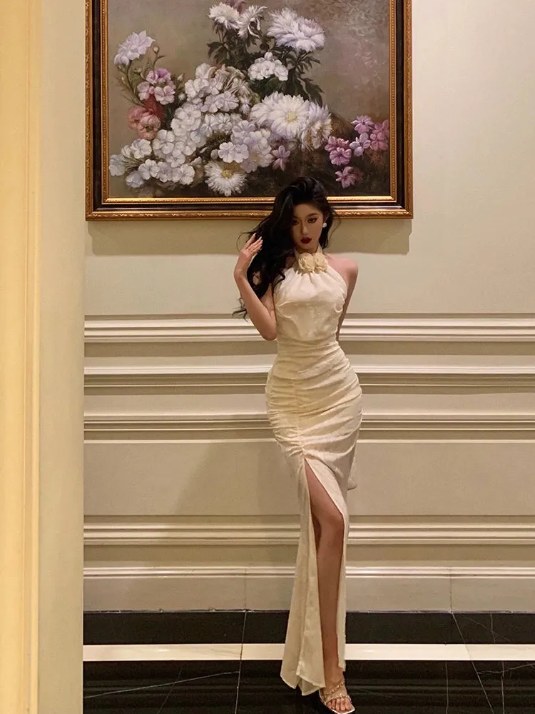 Flower lace halter neck top   pleated hip-wrapped slit skirt two-piece suit for women party dress     S5701