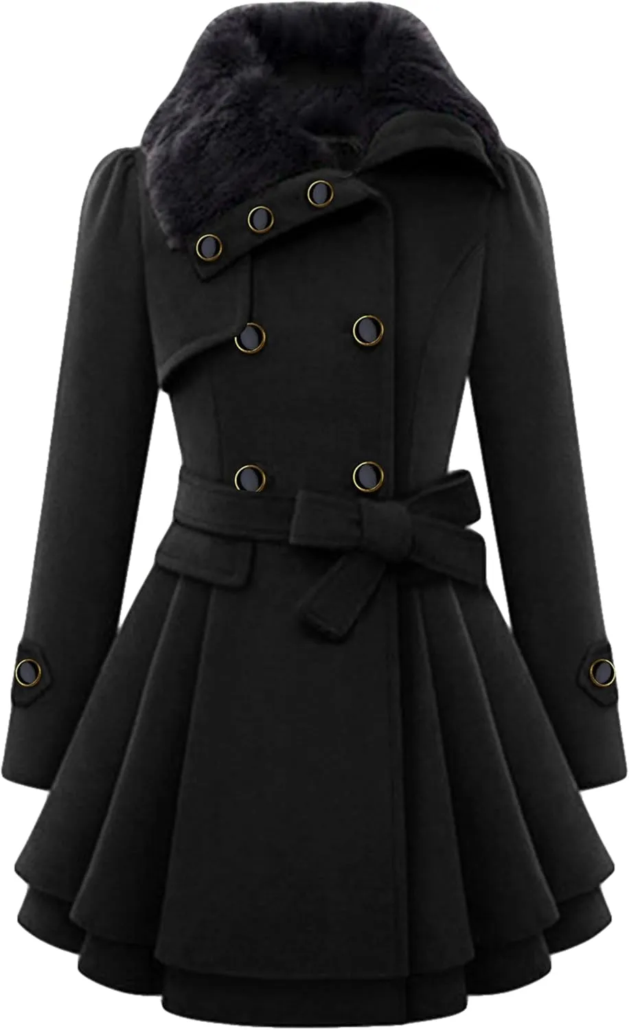 GRASWE Womens Wool Blend Faux Fur Collar Peacoat Warm Casual Winter Trench Coat Midi Legnth Double Breasted Fashion Jacket