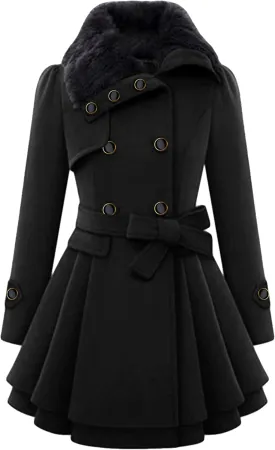 GRASWE Womens Wool Blend Faux Fur Collar Peacoat Warm Casual Winter Trench Coat Midi Legnth Double Breasted Fashion Jacket