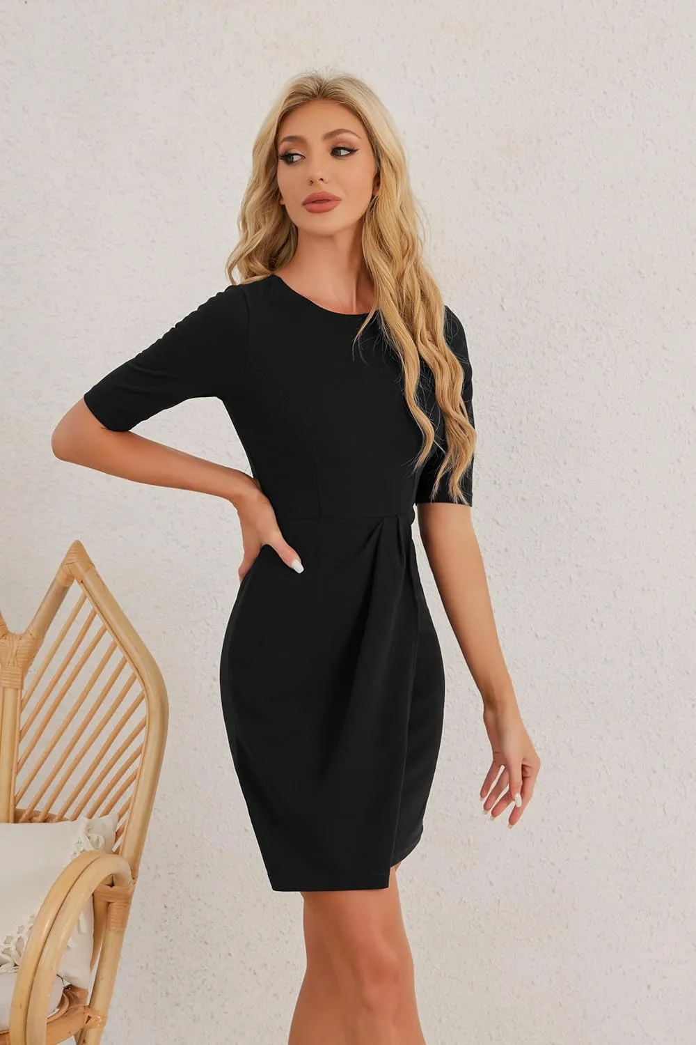 Half Sleeve Sheath Dress Crew Neck Knee Length Ruched Wrap Lined Pencil Women Dress for Work Office Business Church