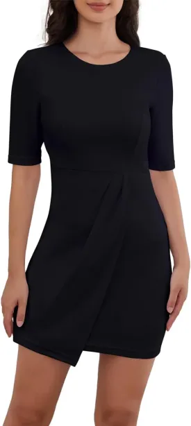 Half Sleeve Sheath Dress Crew Neck Knee Length Ruched Wrap Lined Pencil Women Dress for Work Office Business Church