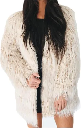Lisa Colly Women's Autumn Winter Long Sleeve Fluffy Faux Fur Coat Shaggy Jacket Overcoat