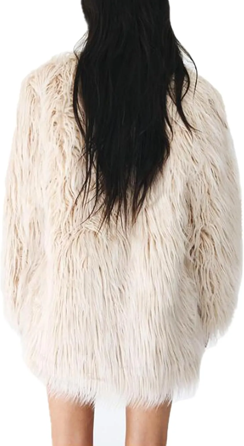 Lisa Colly Women's Autumn Winter Long Sleeve Fluffy Faux Fur Coat Shaggy Jacket Overcoat