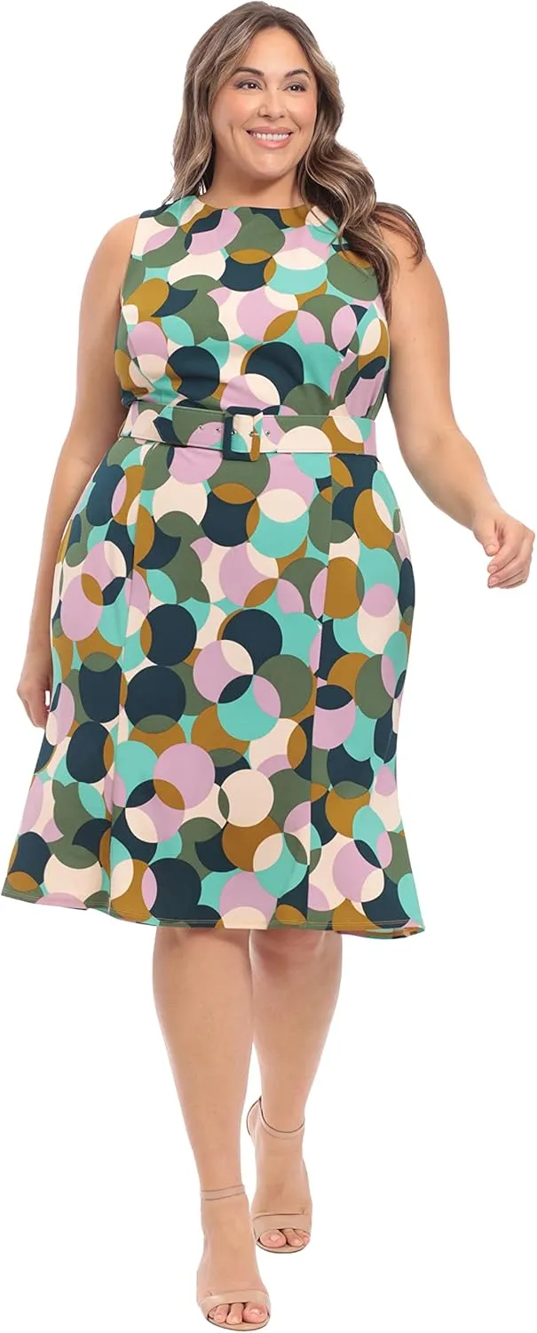 London Times Women's Sleeveless Fluted Sheath with Belt