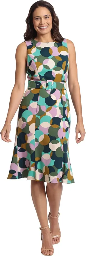 London Times Women's Sleeveless Fluted Sheath with Belt