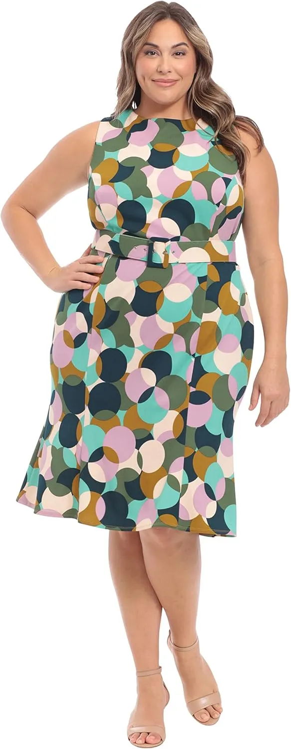 London Times Women's Sleeveless Fluted Sheath with Belt
