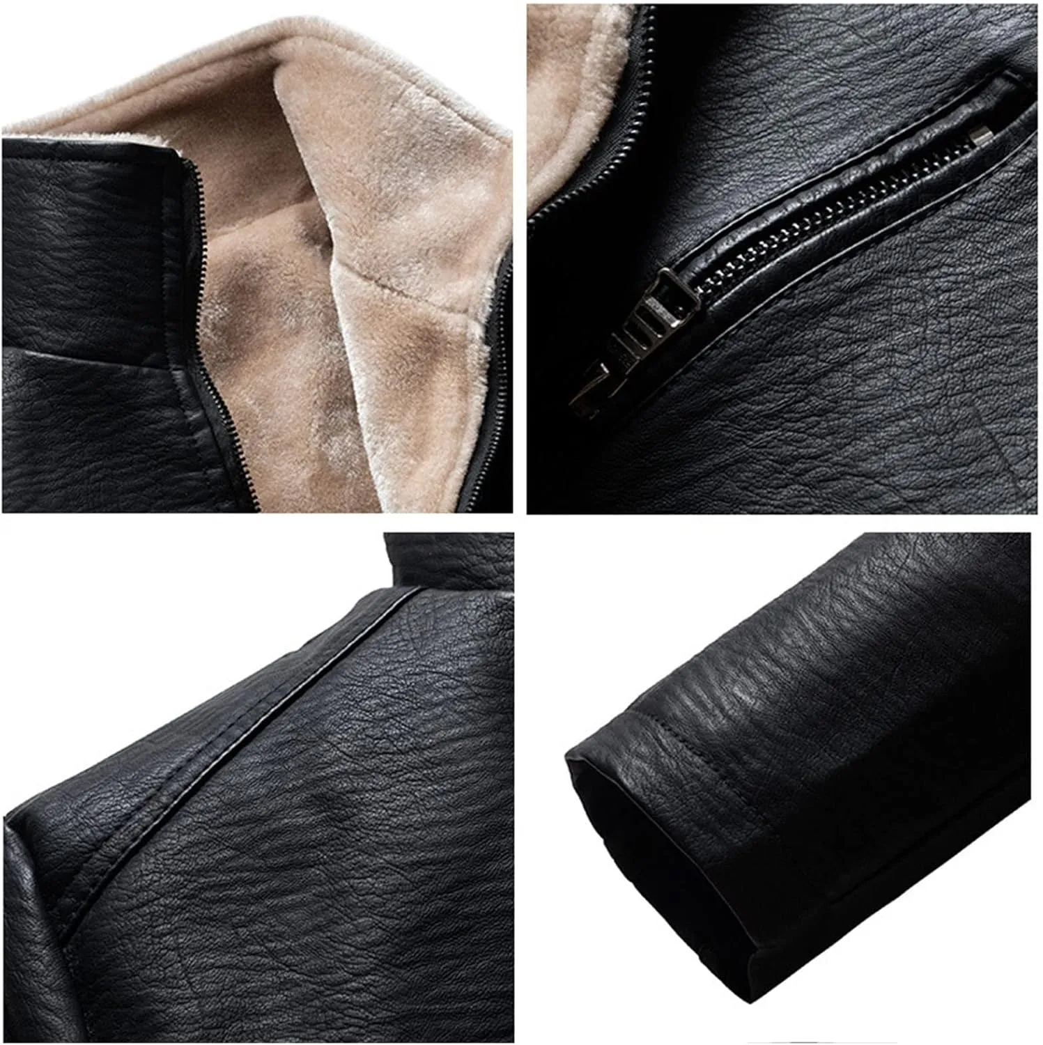 Maiyifu-GJ Men's Sherpa Lined Faux Leather Jacket PU Thick Fleece Motorcycle Jacket Winter Stand Collar Vintage Bomber Coat