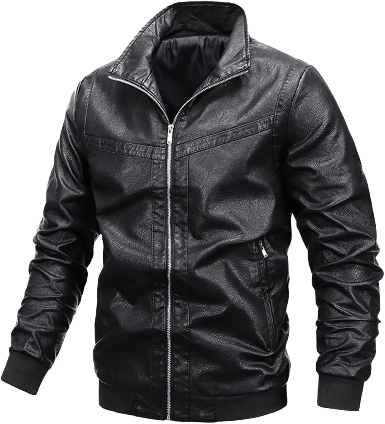 Maiyifu-GJ Men's Sherpa Lined Faux Leather Jacket PU Thick Fleece Motorcycle Jacket Winter Stand Collar Vintage Bomber Coat