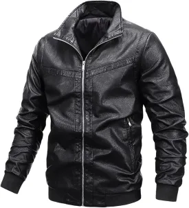 Maiyifu-GJ Men's Sherpa Lined Faux Leather Jacket PU Thick Fleece Motorcycle Jacket Winter Stand Collar Vintage Bomber Coat
