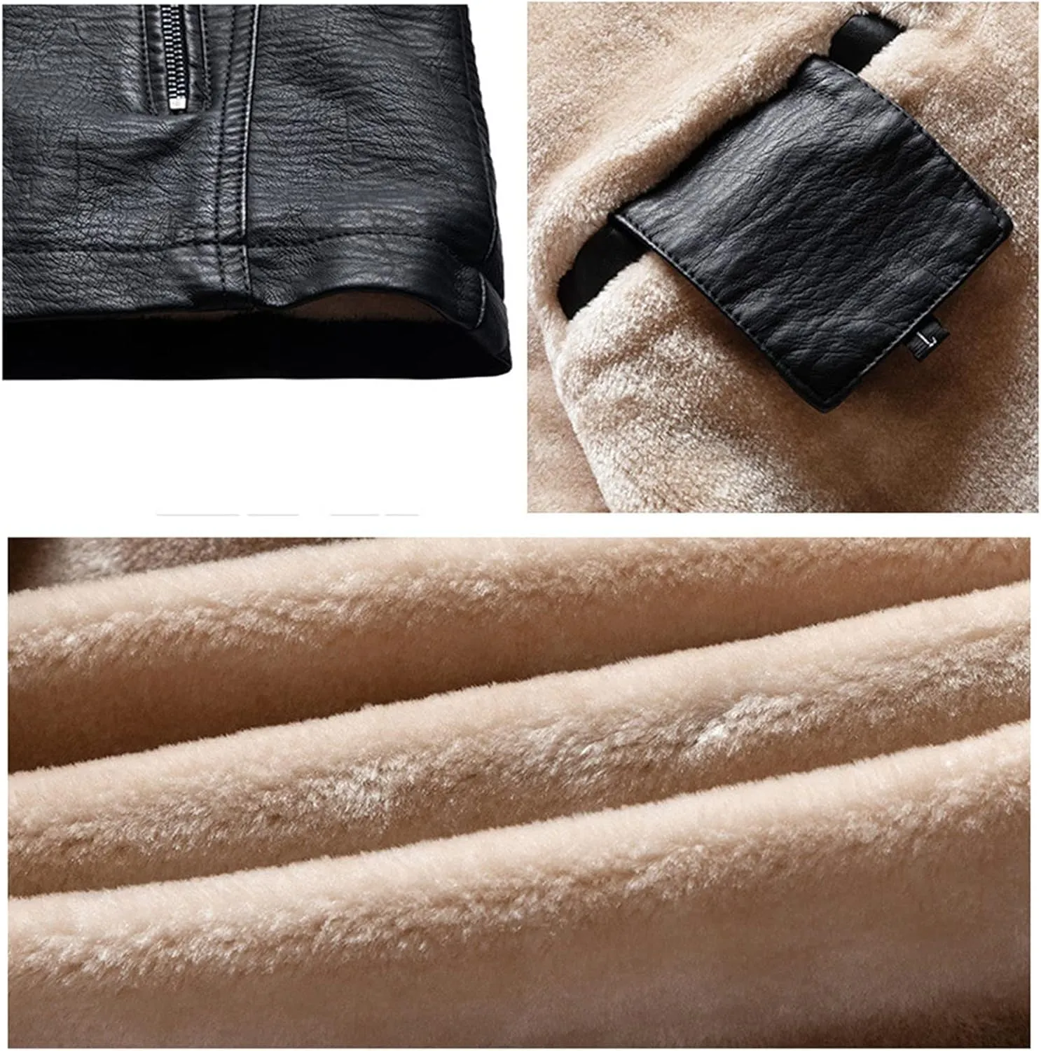 Maiyifu-GJ Men's Sherpa Lined Faux Leather Jacket PU Thick Fleece Motorcycle Jacket Winter Stand Collar Vintage Bomber Coat