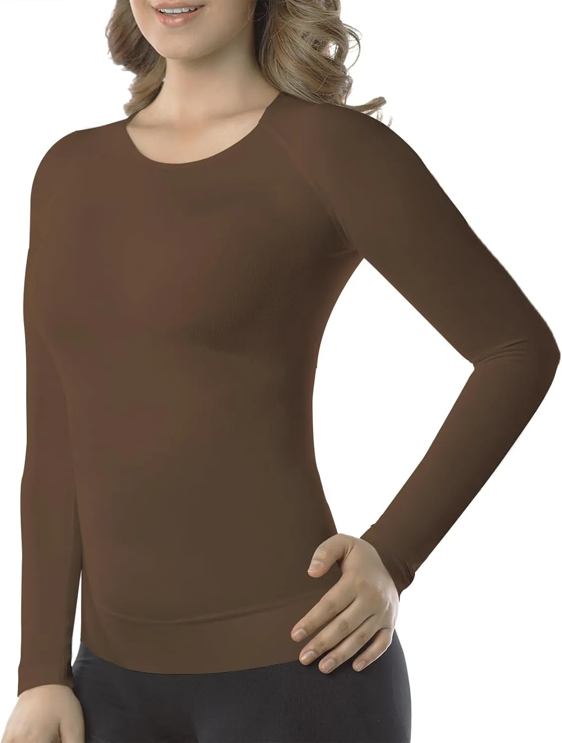  MD Womens Long Sleeve Undershirts Tops, Bamboo Round Neck Slim Fit Baselayer, Soft Thermal Underwear, Light Compression