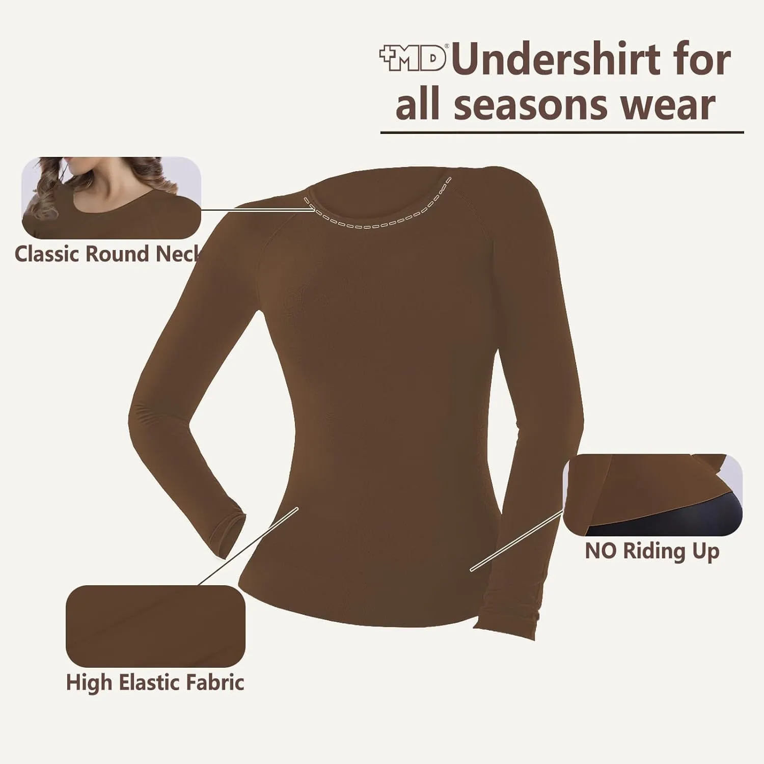  MD Womens Long Sleeve Undershirts Tops, Bamboo Round Neck Slim Fit Baselayer, Soft Thermal Underwear, Light Compression