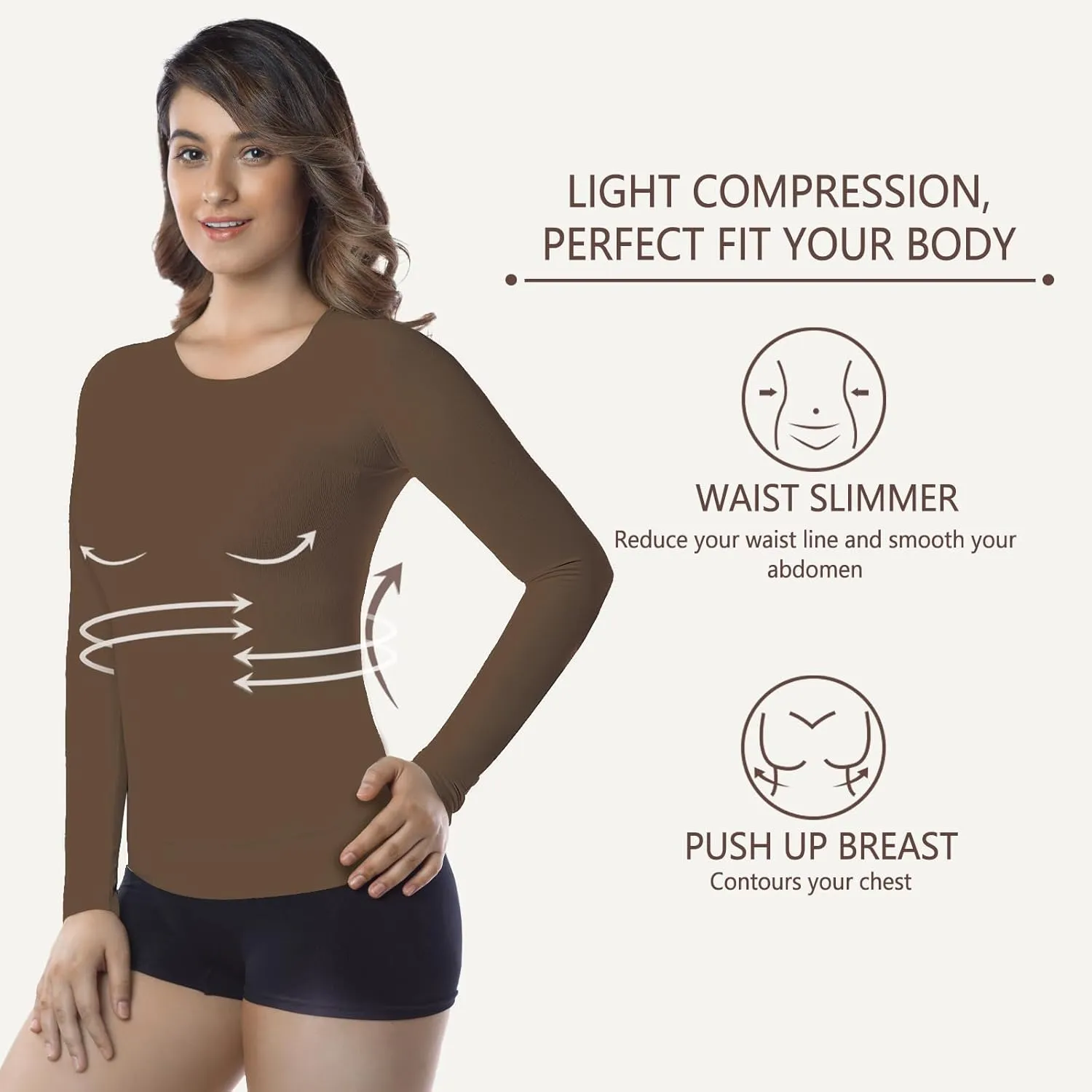  MD Womens Long Sleeve Undershirts Tops, Bamboo Round Neck Slim Fit Baselayer, Soft Thermal Underwear, Light Compression